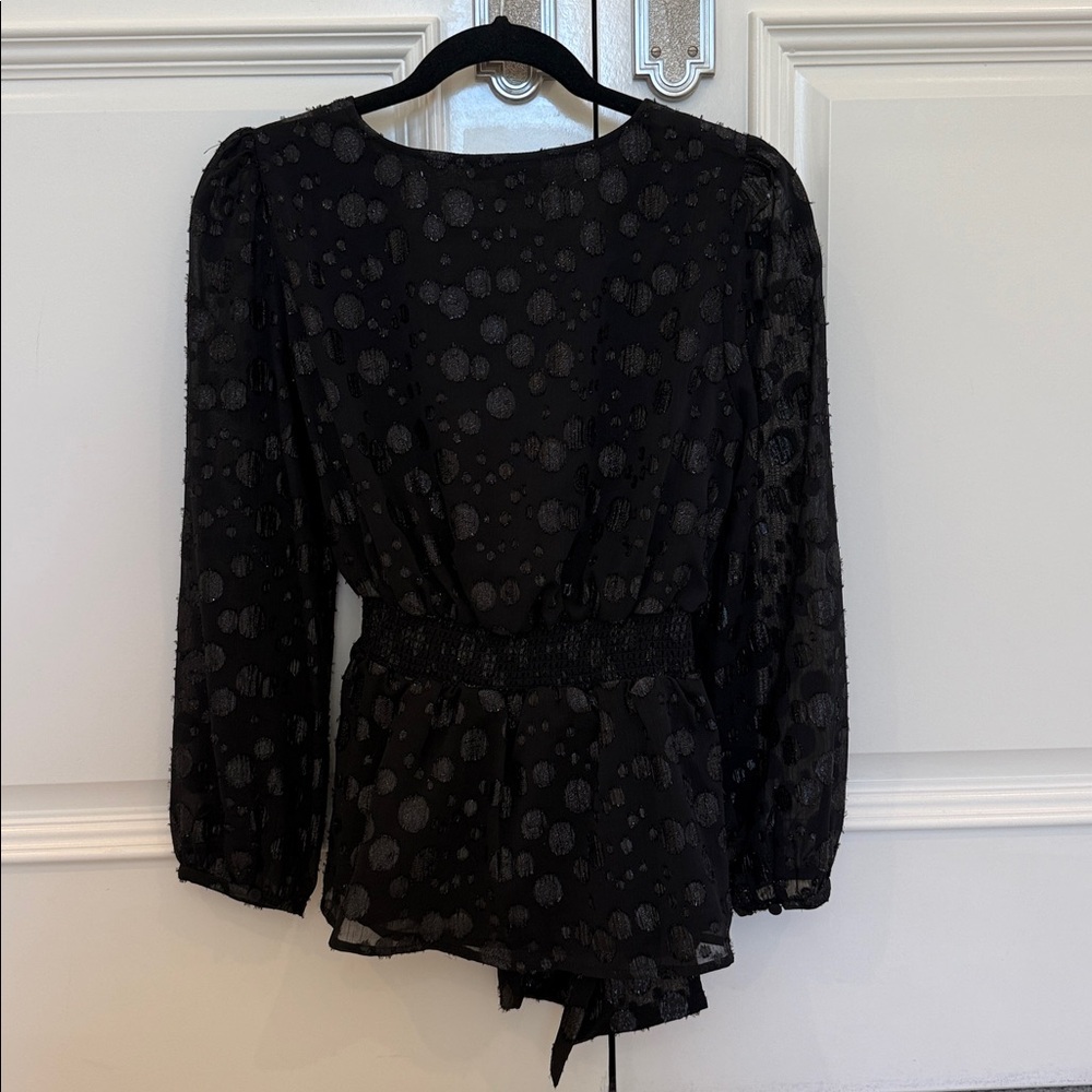 J.Crew Tie-Waist V-Neck Black Metallic Dot Jacquard Top XS - Picture 5 of 9